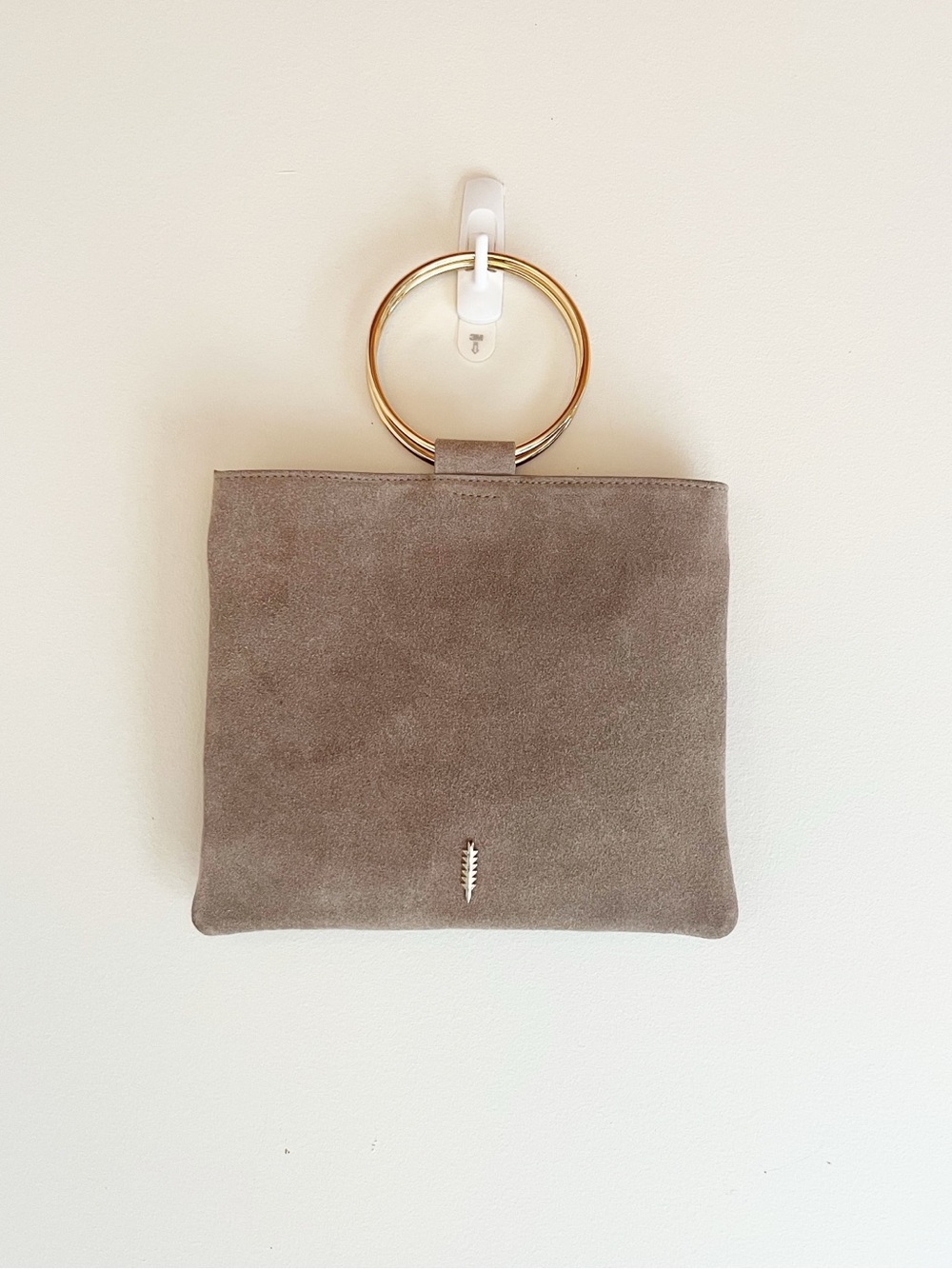 Thacker Le Pouch Suede Taupe Tan Gray Ring Handle Crossbody Purse